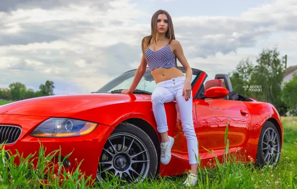 Picture greens, look, Girls, BMW, beautiful girl, red car, posing on the car