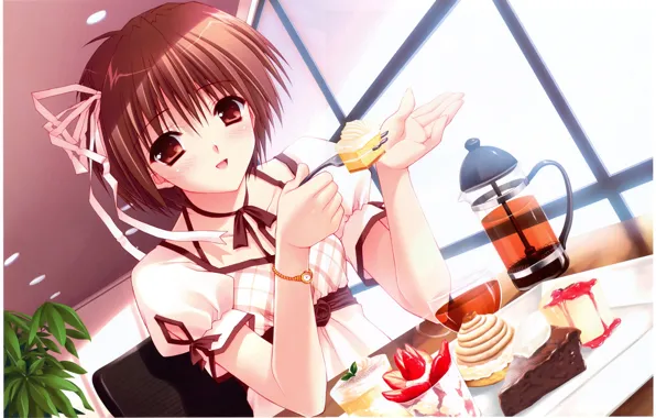 Picture sweets, brown hair, sweet tooth, a piece of cake, visual novel, in a cafe, at …