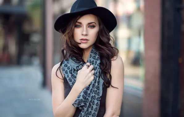 Picture look, pose, model, portrait, hat, hands, makeup, hairstyle, brown hair, is, scarf, on the street, …