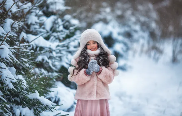 Picture winter, snow, smile, sweetheart, girl, coat, Anastasia Barmina