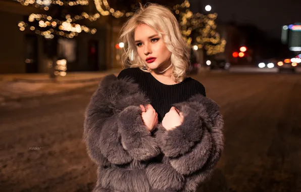 Picture night, lights, pose, model, portrait, makeup, hairstyle, blonde, coat, fur, is, bokeh, on the road, …