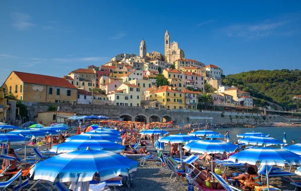 Picture beach, umbrella, Italy, Liguria, Cervo