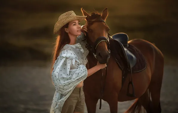 Picture look, girl, pose, horse, hat, blouse, Anastasia Barmina