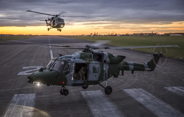 Picture sunset, helicopters, pair, runway, British Army, Westland, Lynx, Air Corps, gunner, Mk.9