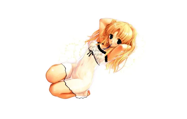 Picture blonde, girl, white background, lace, flirting, chemise, big eyes, bangs, barefoot, hands behind head, sitting …