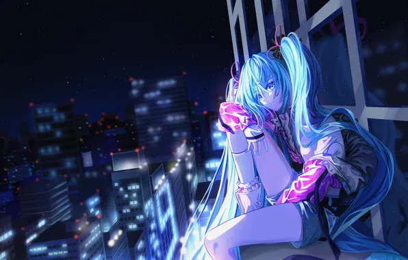 Picture girl, night, the city, Hatsune Miku, Vocaloid