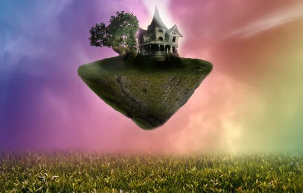 Picture grass, house, tree, house, grass, structure, tree, blurred background, flying island, flying island, building, fantasy …