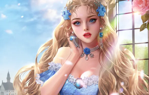 Picture earrings, neckline, blue eyes, princess, blue dress, flowing hair, gem, pearl pendant, brosch, by Ji …