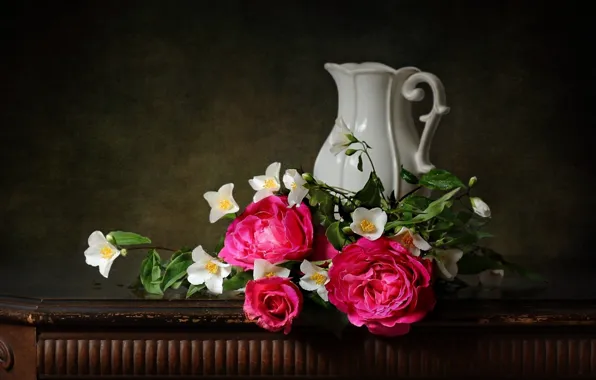 Picture flowers, style, background, roses, pitcher, still life, Jasmine