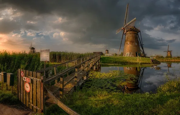 Picture the sky, landscape, clouds, nature, pond, mill, grass, Netherlands, the bridge, Holland