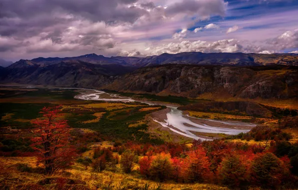 Picture autumn, forest, the sky, bright colors, clouds, mountains, river, valley, slope, bright colors