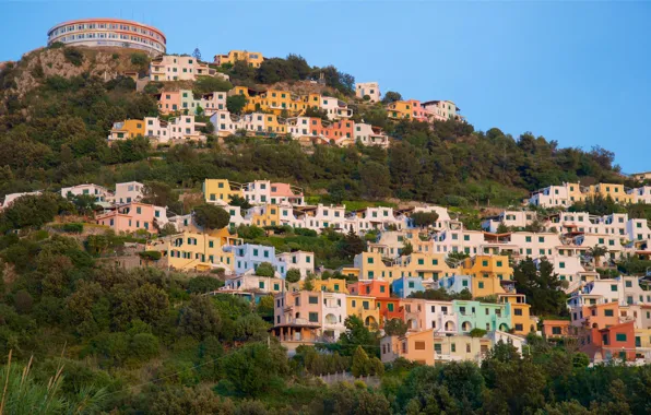 Picture colors, rainbow, house, sky, trees, Italy, village, Calabria, San Nicola Arcella, colored houses