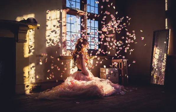 Picture girl, light, room, petals, dress, mirror, window, on the floor