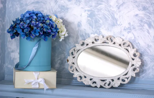 Picture flowers, grey, box, gift, wall, interior, bouquet, mirror, blue, hydrangeas