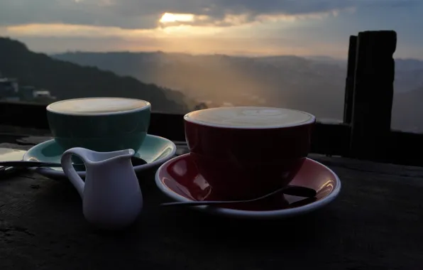 Picture the sky, clouds, light, mountains, nature, dawn, view, coffee, morning, Cup, balcony, mugs, pitcher, cappuccino