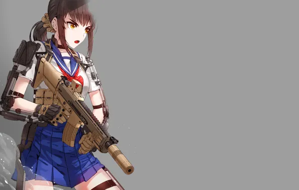 Picture girl, weapons, fiction, soldiers, grey background