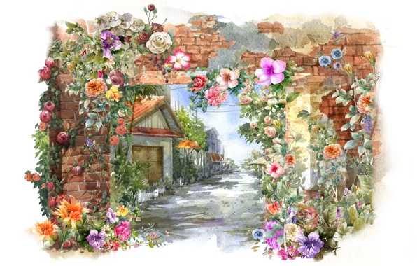 Picture flowers, house, wall, spring, watercolor, painting