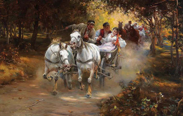 Picture autumn, artist, genre painting, Alfred Kowalski-Verush, rustic wedding, a tuple