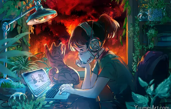 Picture forest, cat, girl, fire, headphones, mask, window, laptop, by Yuu