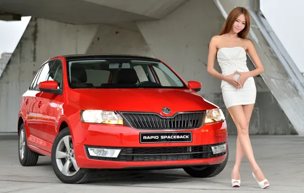 Picture look, Girls, Asian, beautiful girl, Skoda, red car, posing on the car