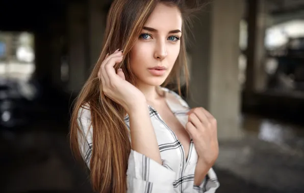 Picture look, pose, model, portrait, makeup, hairstyle, shirt, brown hair, beauty, bokeh, Alex Fetter, Giusy