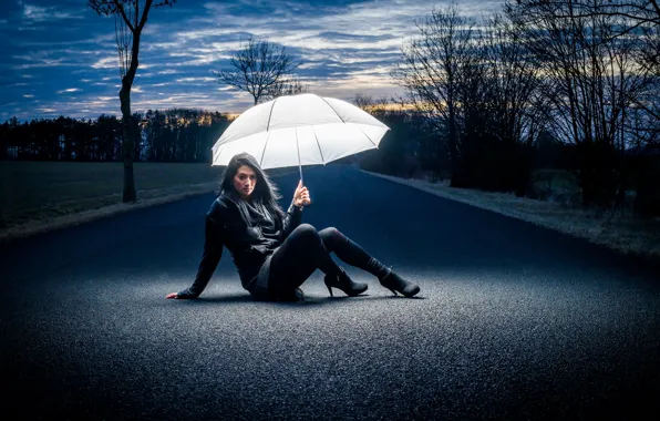Picture road, girl, umbrella