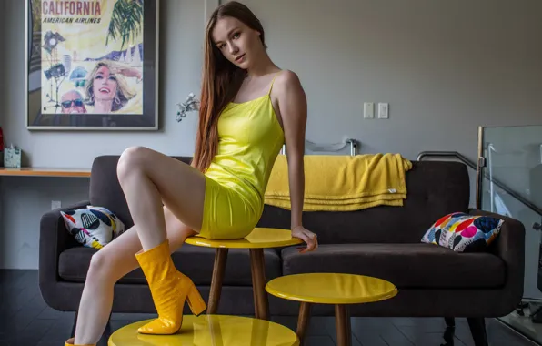 Picture long hair, hot girl, model, sofa, sexy woman, tables, photoshoot, posing, yellow dress, boots, hot …
