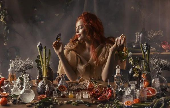 Picture girl, flowers, bubbles, table, butterfly, bottle, red, fruit, flask, Valeriya Mytnik