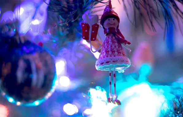 Picture light, branches, gift, blur, Christmas, girl, New year, needles, figure, bokeh, doll, Christmas toy