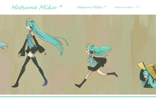 Picture box, headphones, grey background, vocaloid, Hatsune Miku, runs, long hair, Vocaloid, black stockings, Hatsune Miku