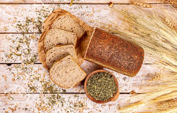 Picture wheat, Board, rye, bread, pieces, ears, bowl, cereals, cutting, spices, seasoning