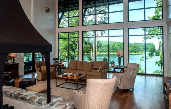 Picture design, style, interior, fireplace, living room, river view
