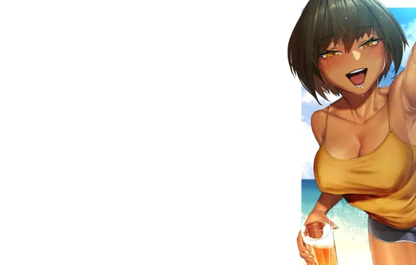 Picture Girl, sexy, beach, Anime, boobs, short hair, pretty, beer, breasts, tan, tanned, high, tanned skin, …