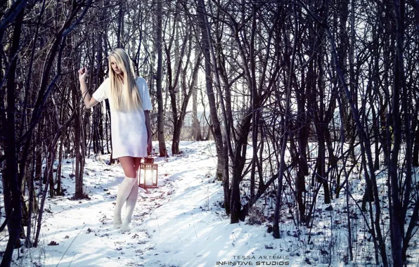 Picture winter, forest, snow, dress, blonde, lantern, knee