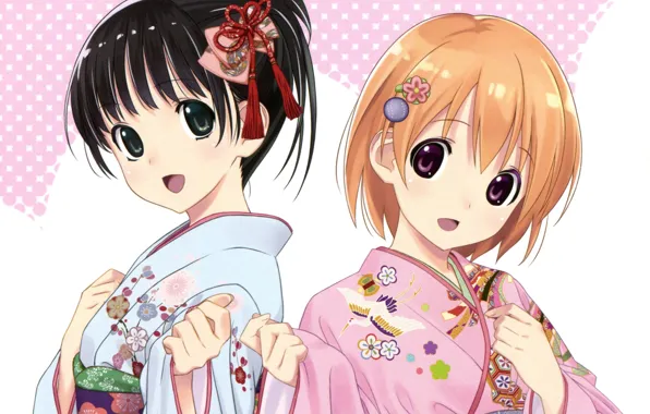 Picture hairstyle, kimono, bangs, flower in hair, big eyes, two girls, floral pattern, by koutaro