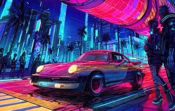Picture future, palm trees, people, the game, speed, technology, neon, future, game, character, car, night city, …