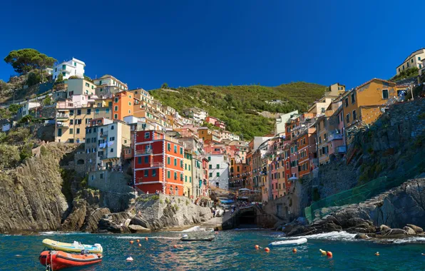 Picture sea, rock, shore, home, boats, Italy, town, Italy, Riomaggiore, Riomaggiore, Cinque Terre, Cinque Terre, Liguria, …