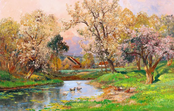 Picture Home, Trees, Pond, Picture, Alois Arnegger, Duck, Spring landscape, Alois Arnegger, Австрийский живописец, Курицы