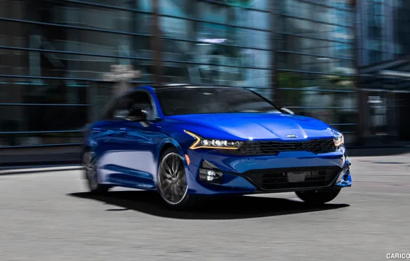 Picture car, machine, background, lights, the building, speed, Kia, blurred background, blue car, Kia K5, Kia …