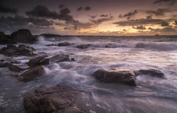 Picture Sunset, The sky, Clouds, Sea, Threads, Wave, Horizon, Shore, Stones, Boulders