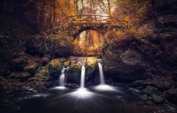 Picture autumn, forest, bridge, stones, shore, waterfall, arch, old, ruins, boulders