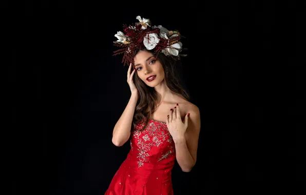 Picture look, girl, flowers, pose, portrait, dress, brown hair, beautiful, black background, in red, wreath