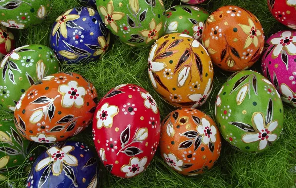 Picture grass, flowers, holiday, patterns, glade, eggs, spring, Easter, colorful, a lot, painting, painted, eggs, composition