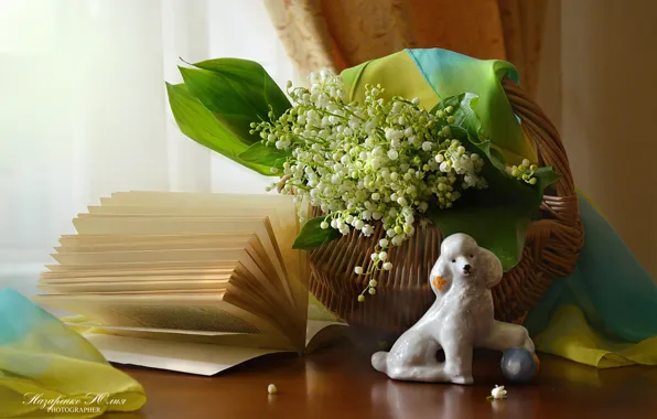 Picture table, basket, dog, bouquet, spring, book, figurine, still life, lilies of the valley, poodle