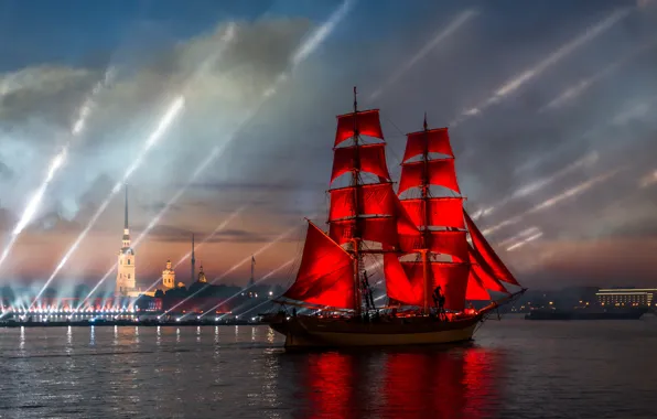 Picture night, the city, river, holiday, ship, Peter, Saint Petersburg, show, Neva, Scarlet sails
