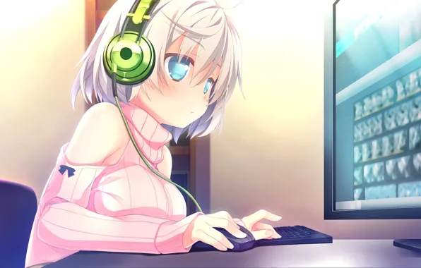 Picture computer, headphones, mouse, girl, keyboard, monitor, blue eyes, white hair, in the room, sweater, at …