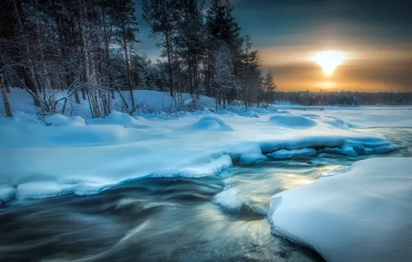 Picture winter, forest, sunset, river