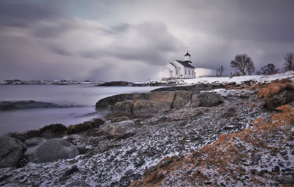Picture winter, snow, shore, Church, Lofoten