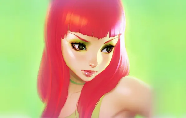 Picture face, makeup, sponge, shoulder, green background, red hair, bangs, portrait of a girl, Ilya Kuvshinov, …