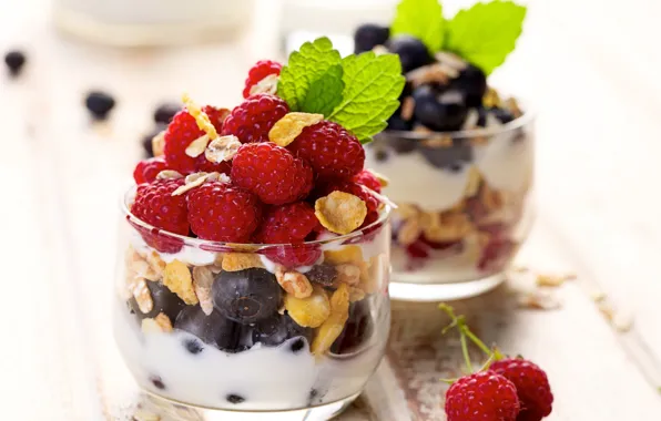 Picture berries, raspberry, blueberries, glasses, wood, yogurt, granola